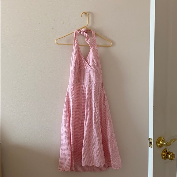 Pink Striped Halter Fit and Flare Dress - Picture 2 of 5